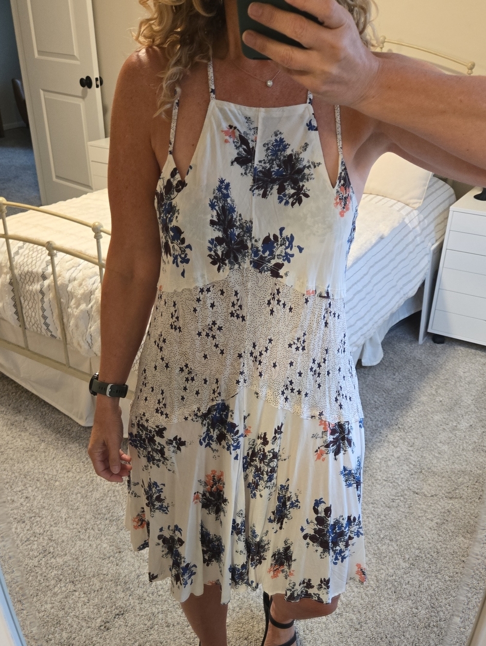 Free People Cream Midi Dress with Blue and Coral Floral Print